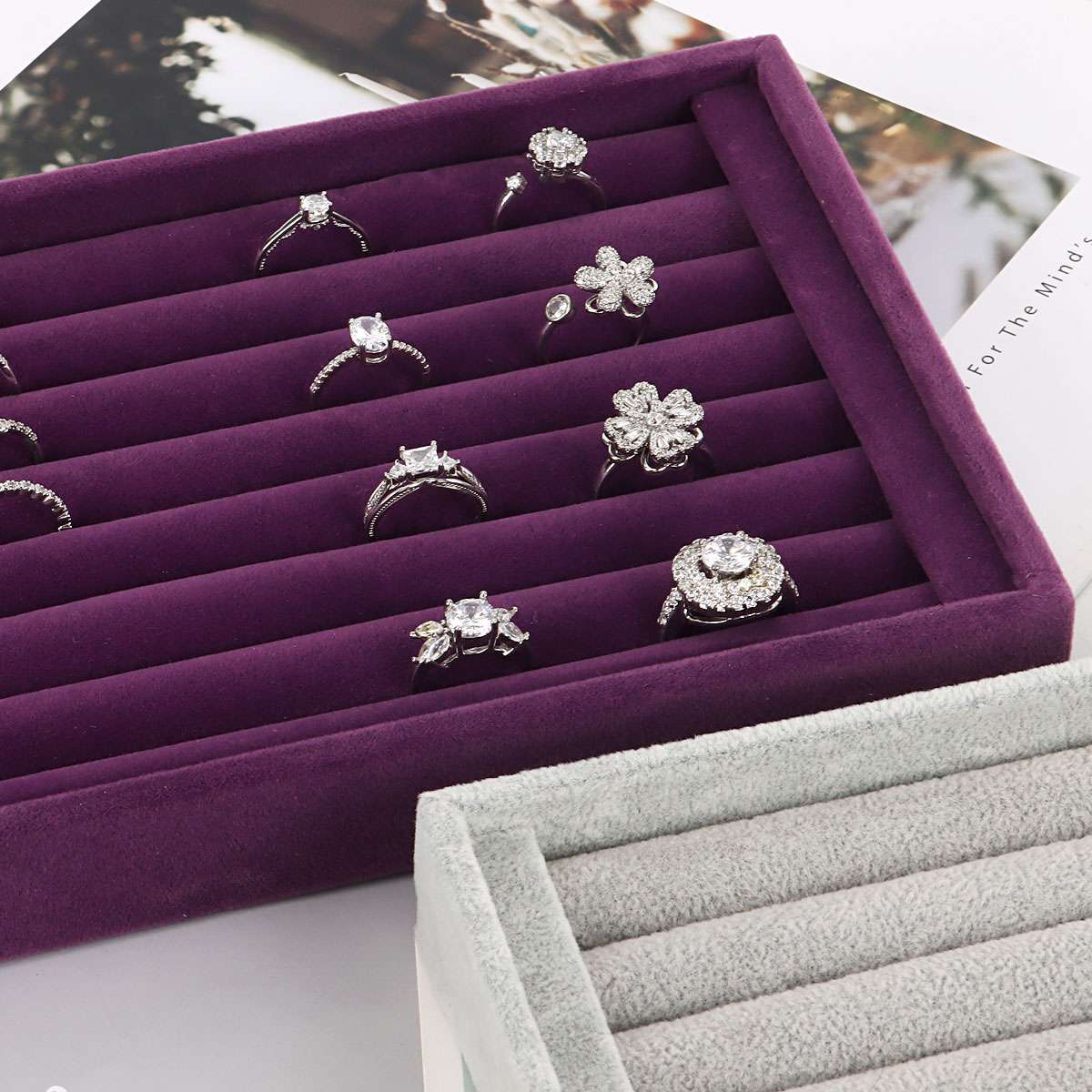 Velvet Jewelry Ring Display Organizer Case Tray Holder Earring Storage Box