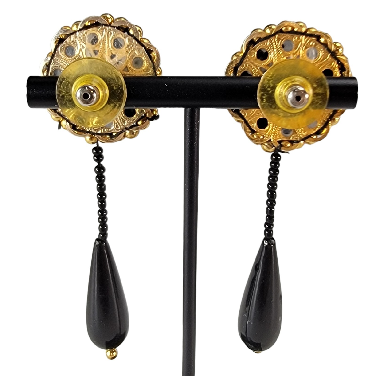 Vtg Gold Black Beads Drop Earrings Pair Teardrop Women Retro Jewelry 1980’s