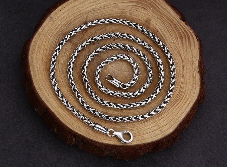 S925 Sterling Silver WHEAT SPIGA CHAIN Necklace Vintage Oxidized 2-4mm 20-26in