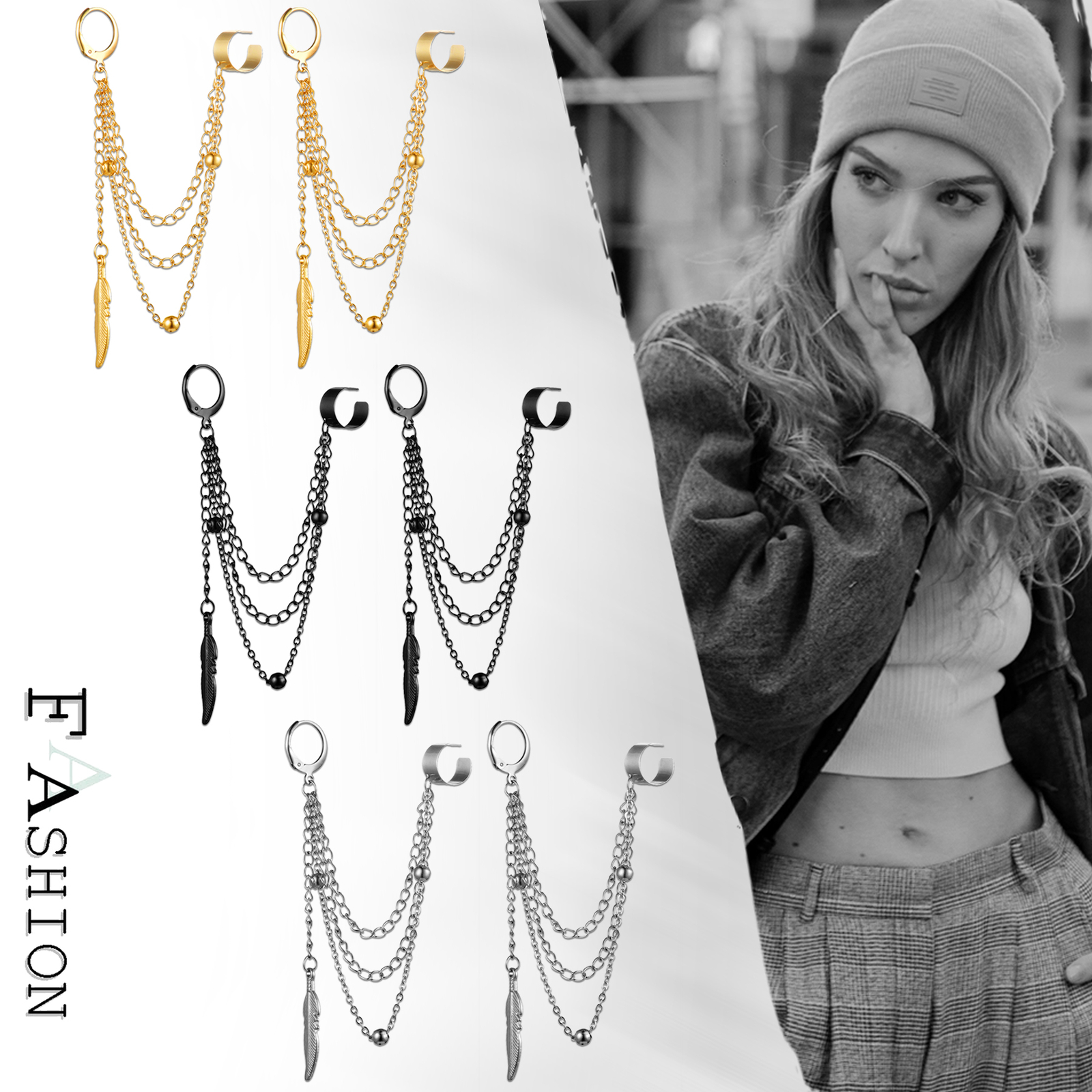 Punk Clip On Stainless Steel Feather Chain Tassel Dangle Ear Cuff Wrap Earrings