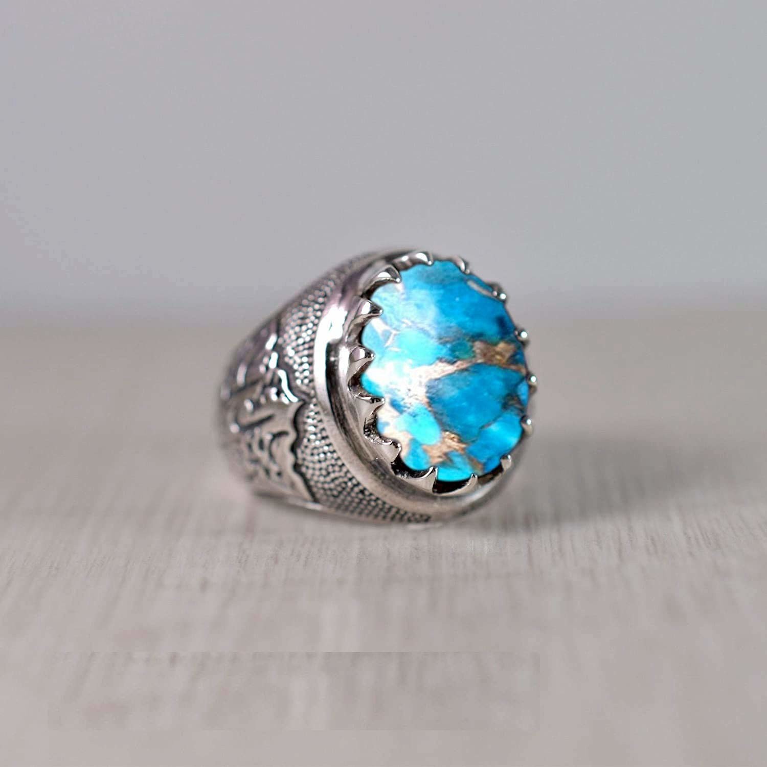 Solid 925 Sterling Silver AA Natural Copper Turquoise Gemstone Men’s Unisex Ring