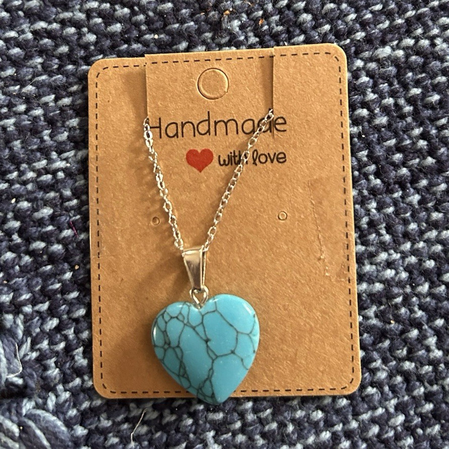 Handcrafted Turquoise Blue Heart Charm Pendant Necklace Silver-Tone Cable Chain