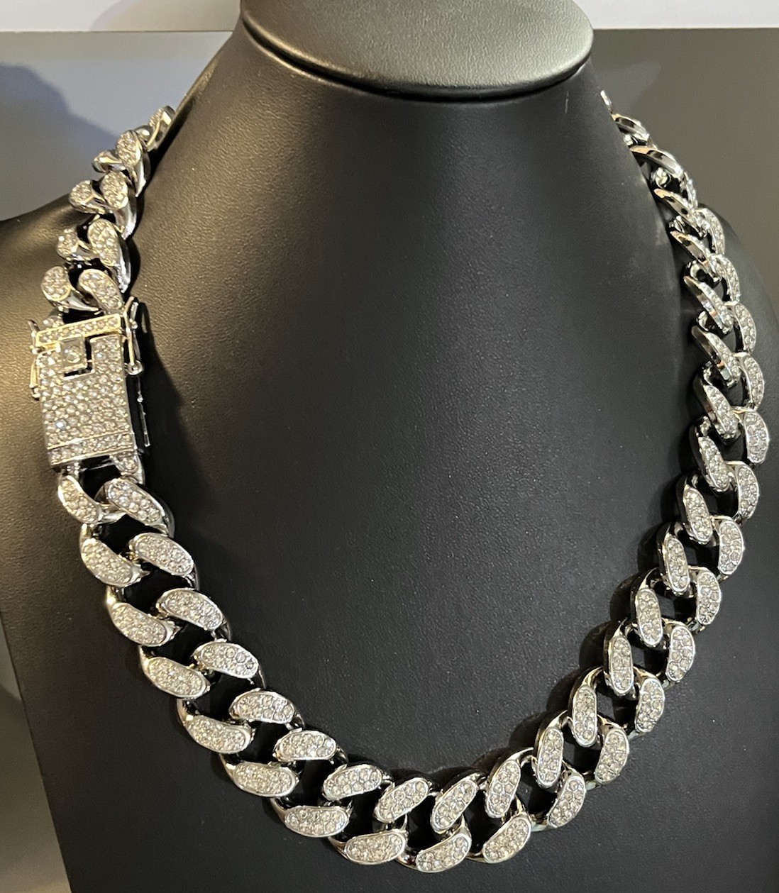 Iced Out Cuban Chain, 20MM, 20” Long, Simulated Stones, White Gold Filled