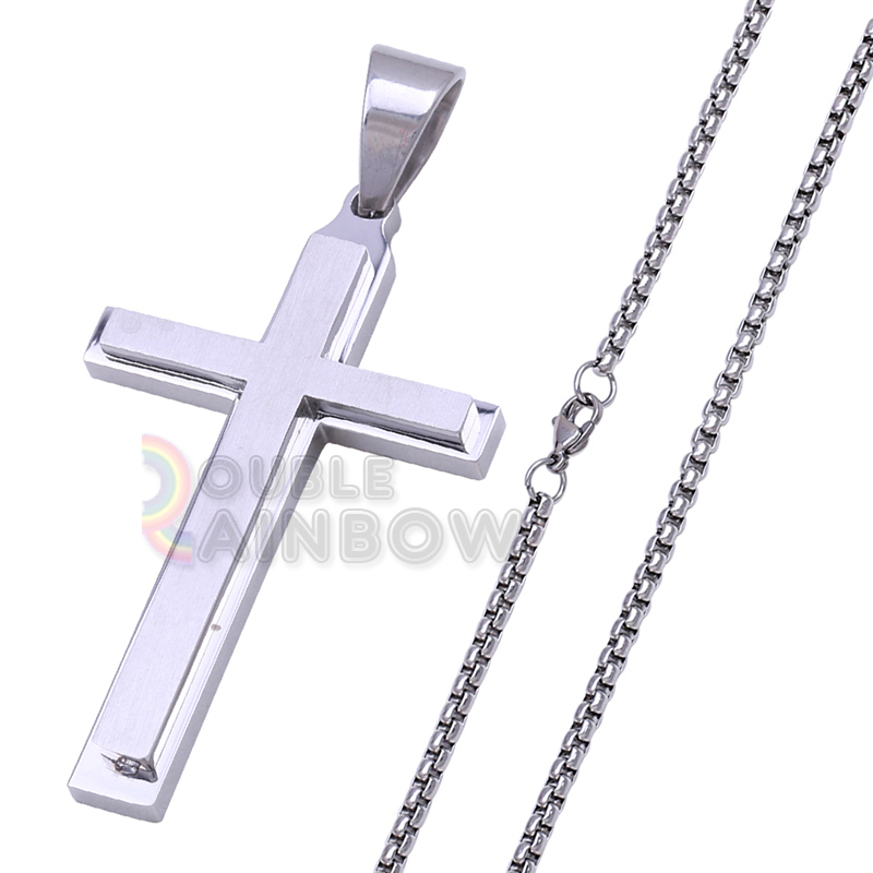 7P32 16-36″Men Stainless Steel Silver Cross Pendant BOX Necklace Chain