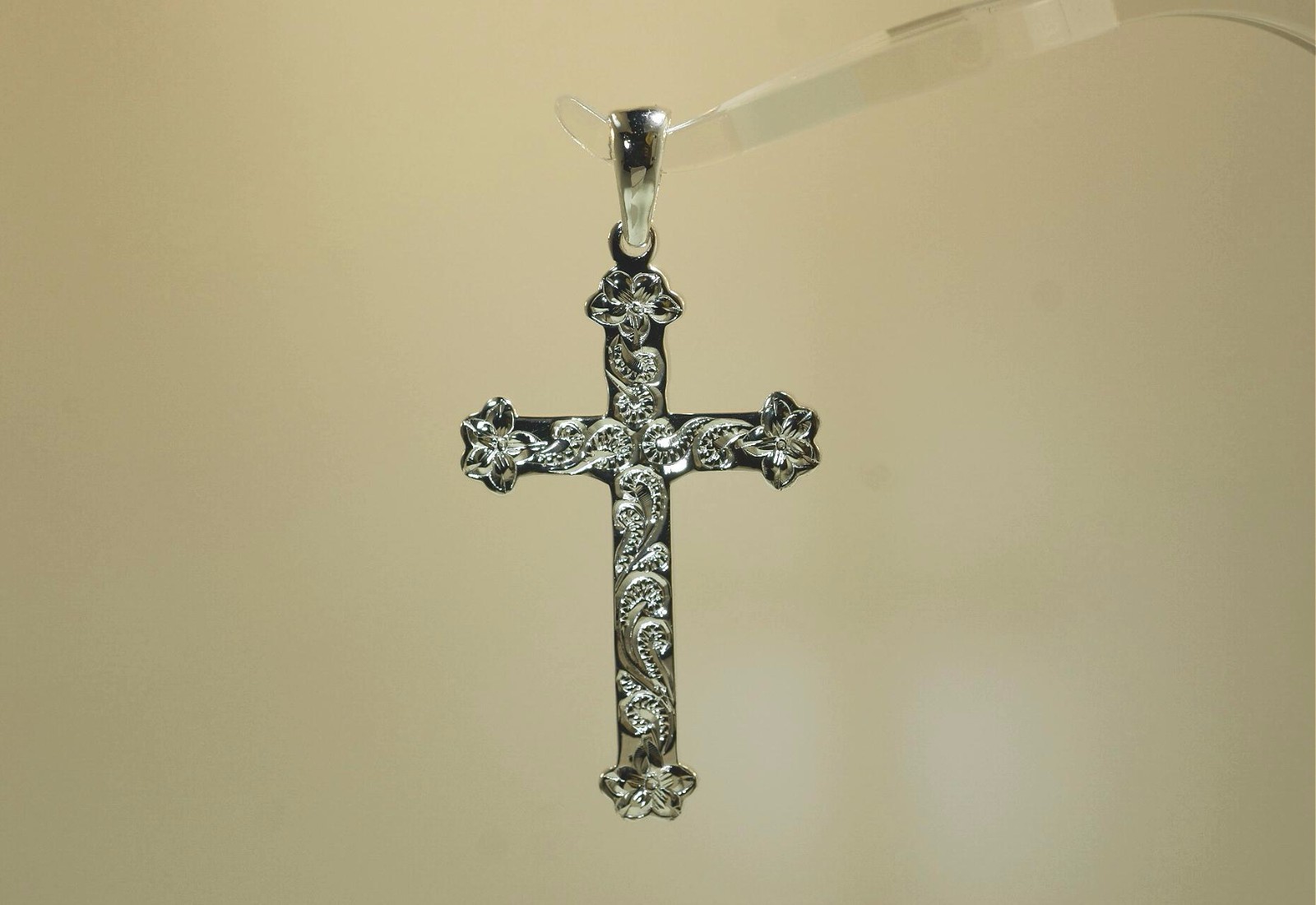 26MM SOLID 925 STER SILVER HAND-ENGRAVED HAWAIIAN ROYALTY SCROLLS CROSS PENDANT