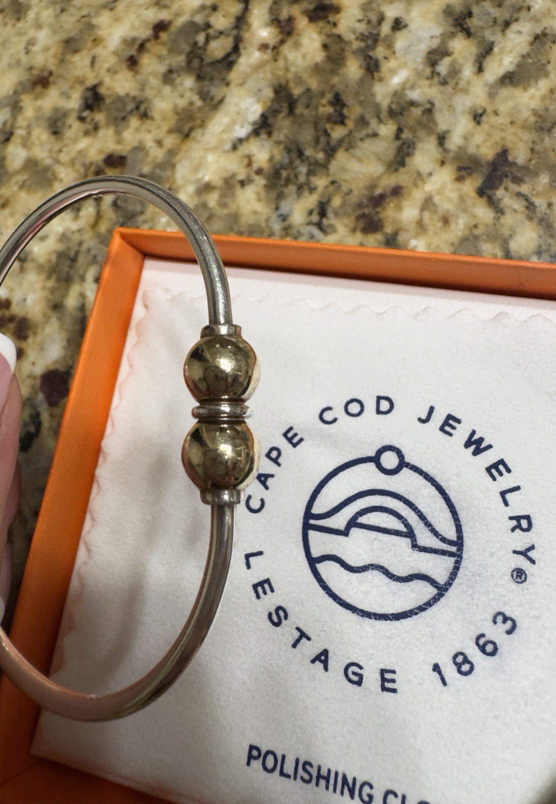 Cape Cod Jewelry Signed Silver/Gold Tone Bangle Bracelet Ball Ends Box Cloth