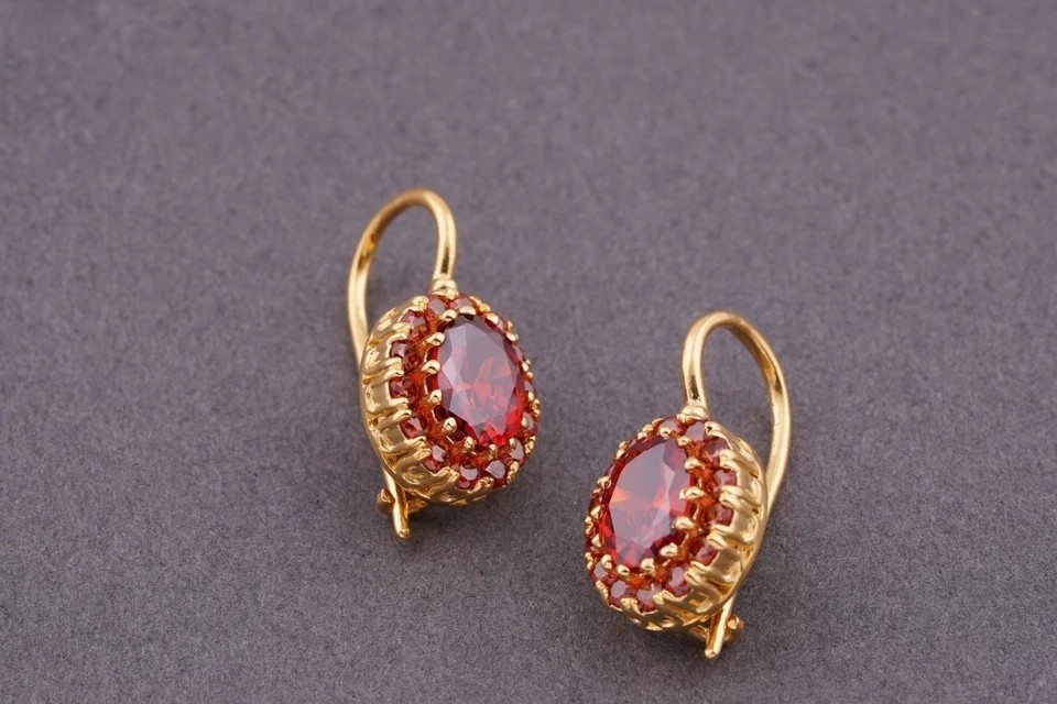 Oval Cut Lab Created Red Ruby Women’s Drop Dangle Earring 14k Yellow Gold Plated