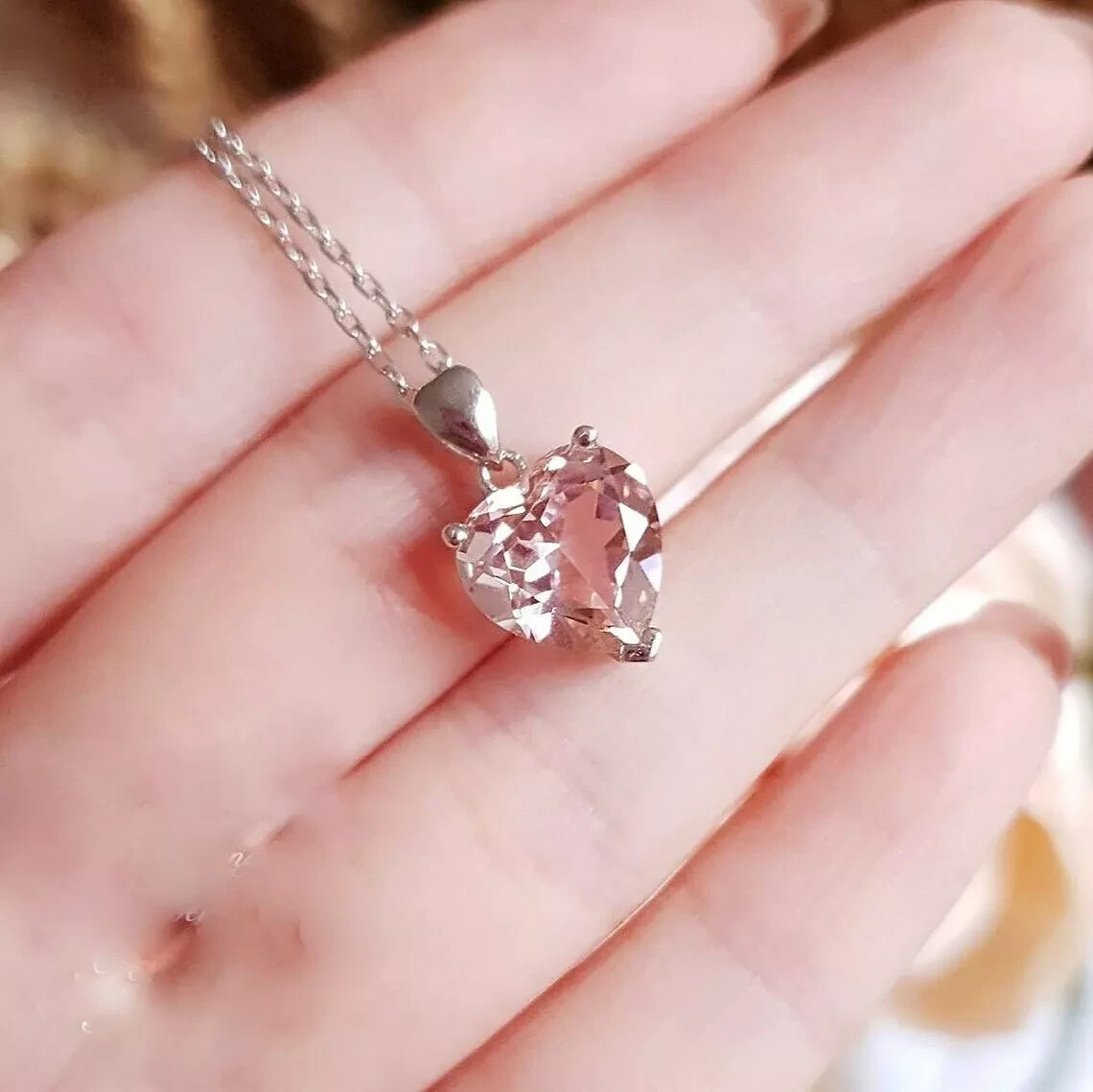 2 CT Solitaire Pink Sapphire Heart Pendant With Free Chain 14K White Finish
