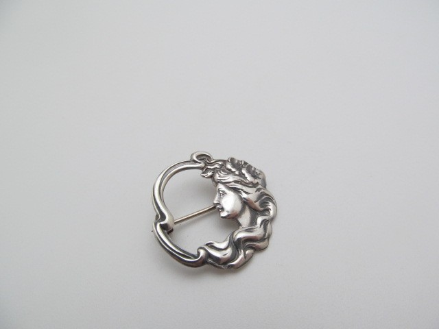 Vintage 925 Sterling Silver Art Nouveau Maidens Beauty Face Flower Brooch