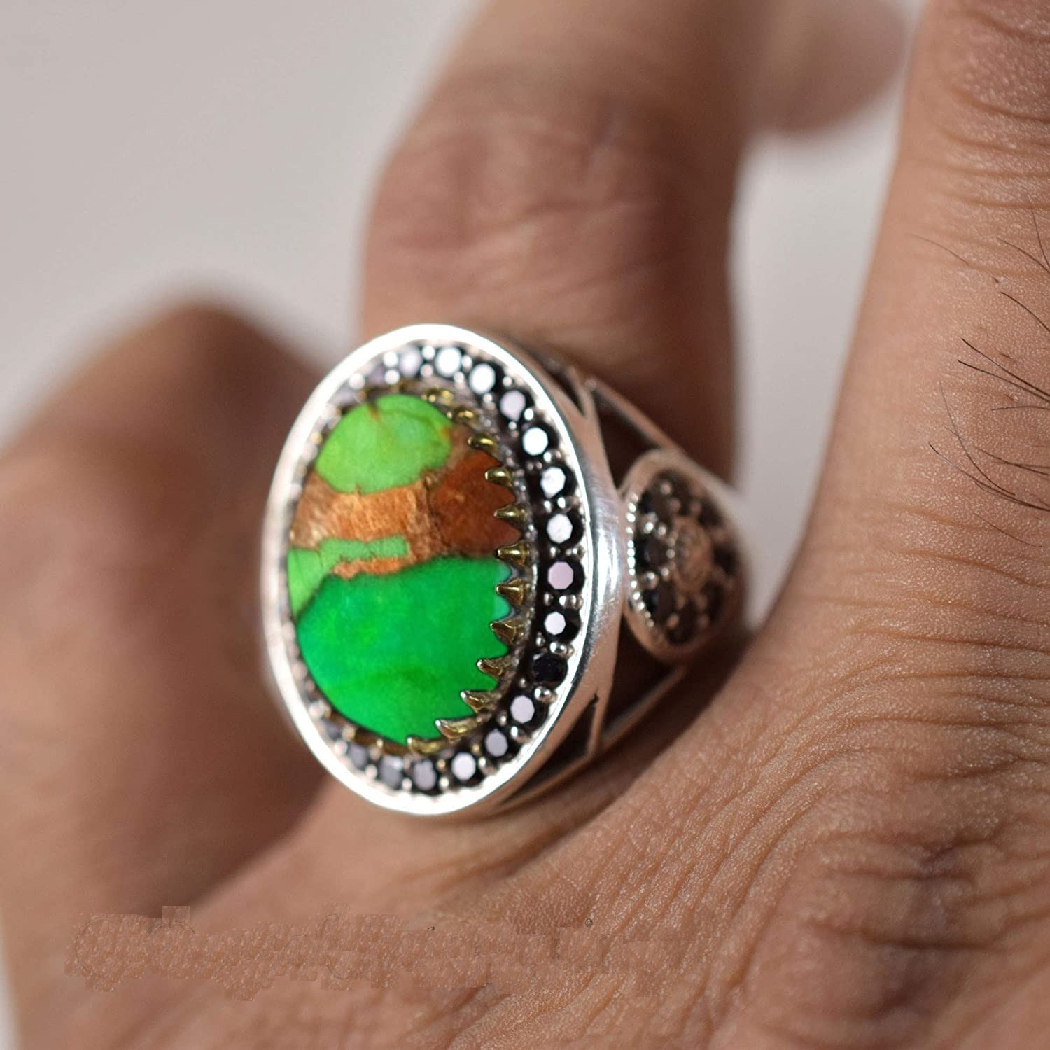 Solid 925 Sterling Silver AA Natural Copper Turquoise Gemstone Men’s Unisex Ring