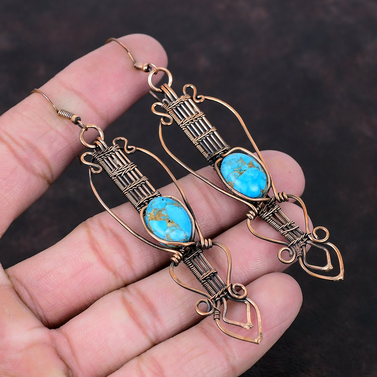 Gift For Her Blue Turquoise Wire Wrapped Drop/Dangle Earrings Copper 3.82″