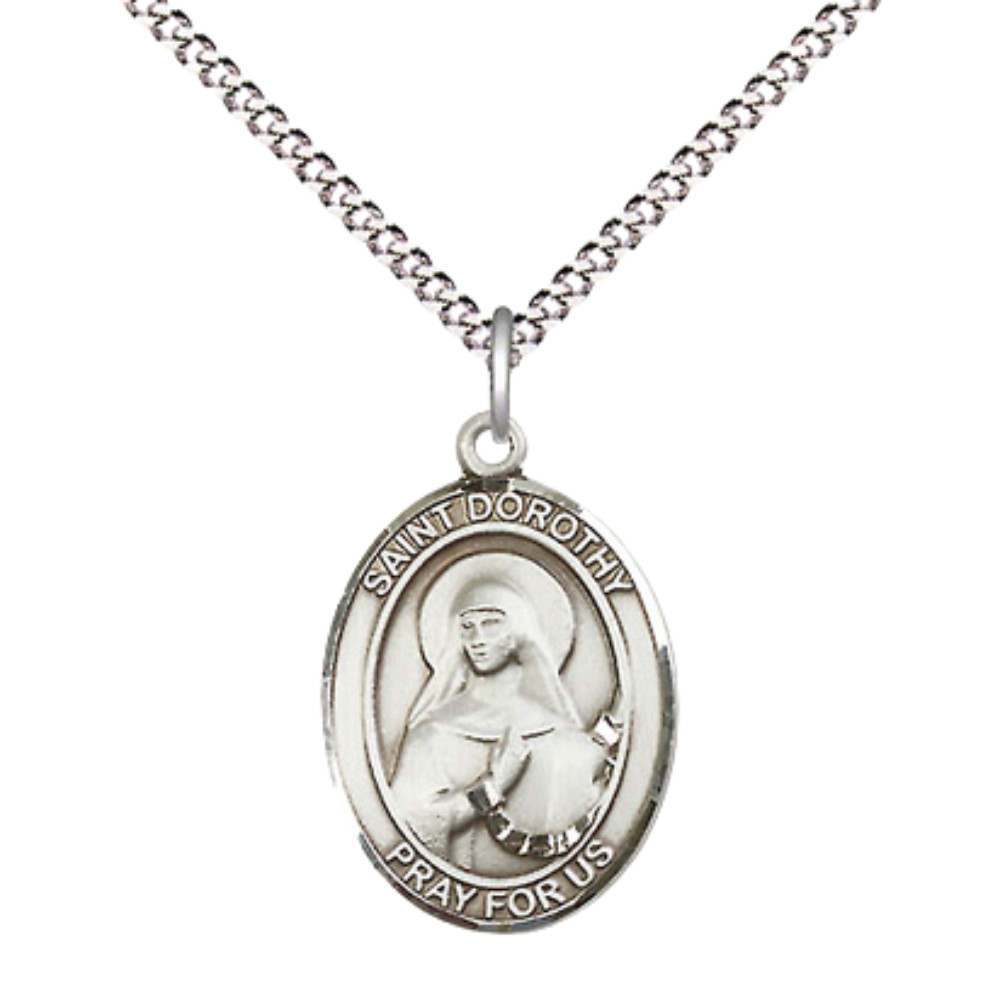 Medium Pewter Saint Dorothy Pendant Necklace 18″ Inch Chain & Prayer Card