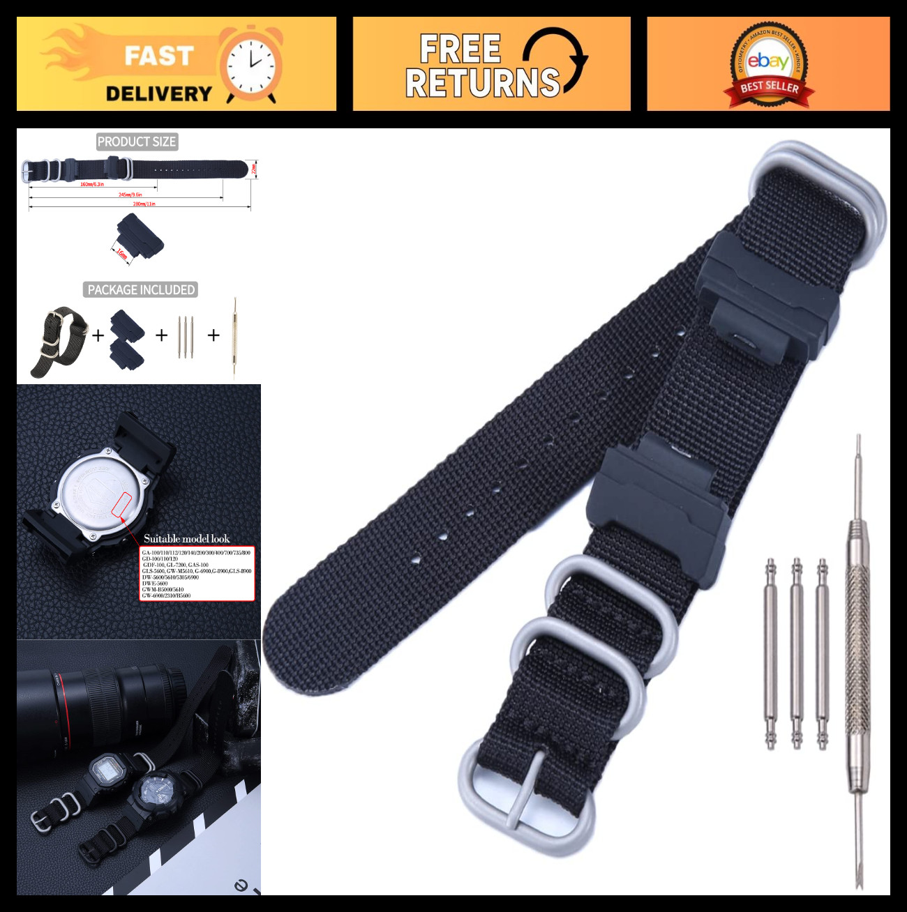 16mm Nylon Watch Strap with Adapters – Replacement Band for Casio Series Watches