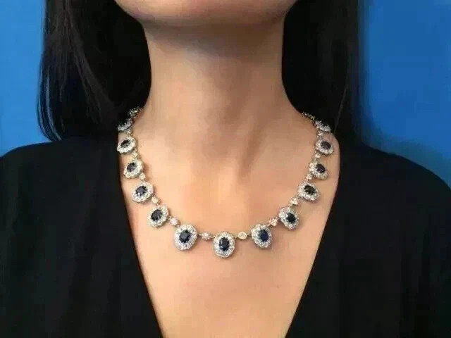 14Ct Oval Cut Lab Created Sapphire Women’s Tennis Necklace 14K White Gold Plated