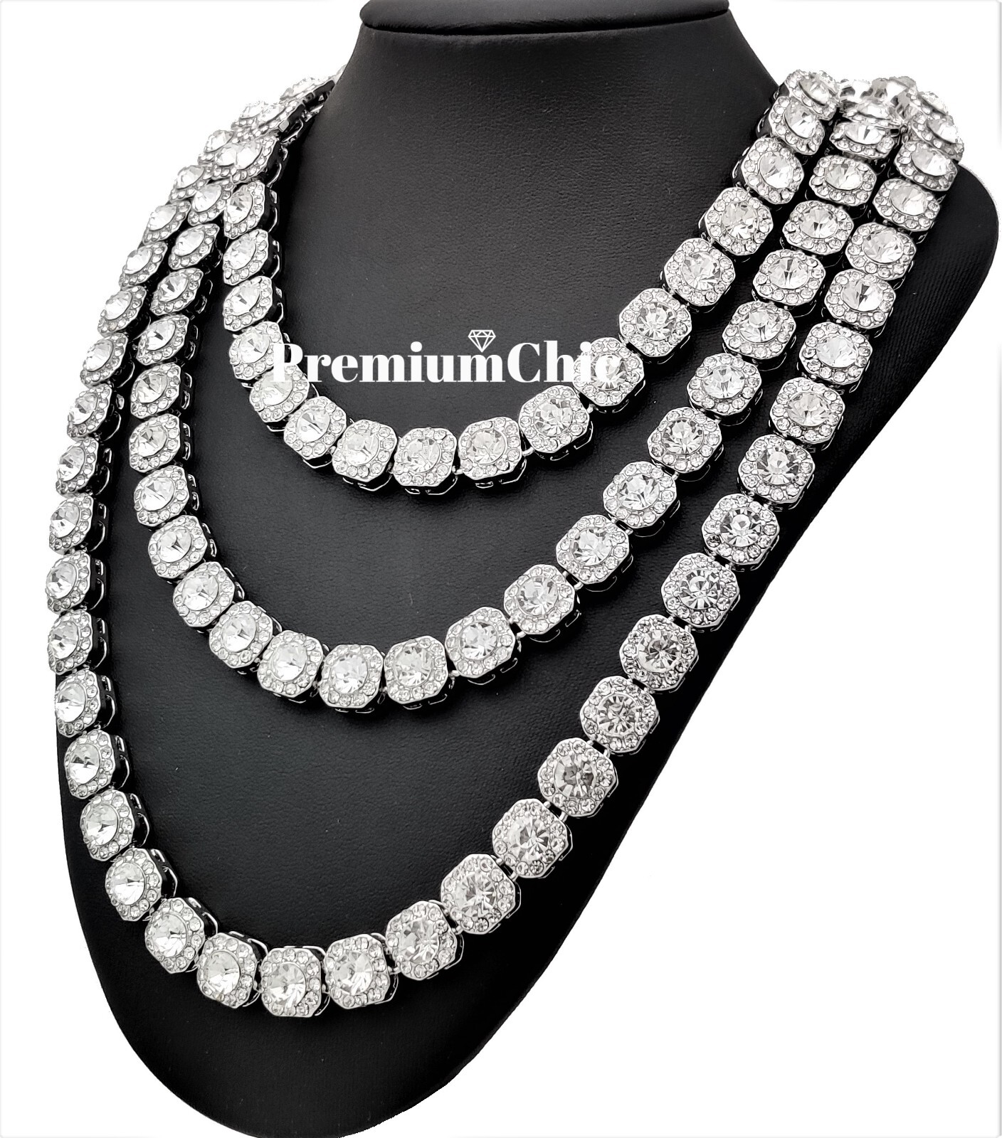 Iced Baguette Cluster Tennis Chain Necklace Plated CZ Men HipHop Fashion Jewelry