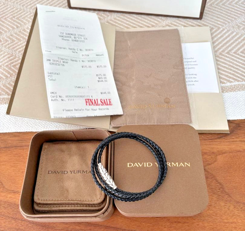 David Yurman Chevron Wrap Bracelet Black Leather Sterling Silver 3mm Box Receipt