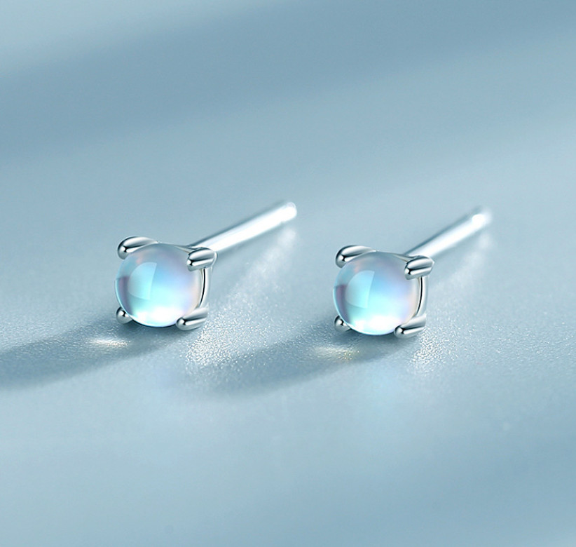925 Sterling Silver Tiny Moonstone Opal Stud Post Earrings 5mm Gift F16