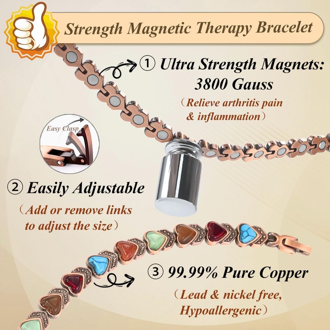 Strong Magnetic Therapy Copper Bracelet for Men Adjustable Arthritis Pain Relief