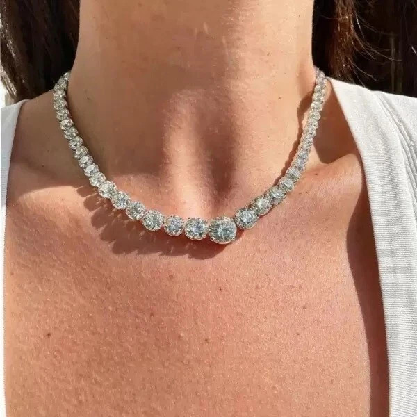 76 Ctw Created Round Cut Graduated Diamond 14k White Gold Plated Tennis Necklace