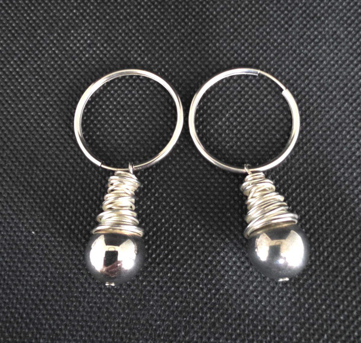 Vintage Endless Hoop Earrings Wire Wrapped 14mm Beads Silver Plated 2.2″ Drop