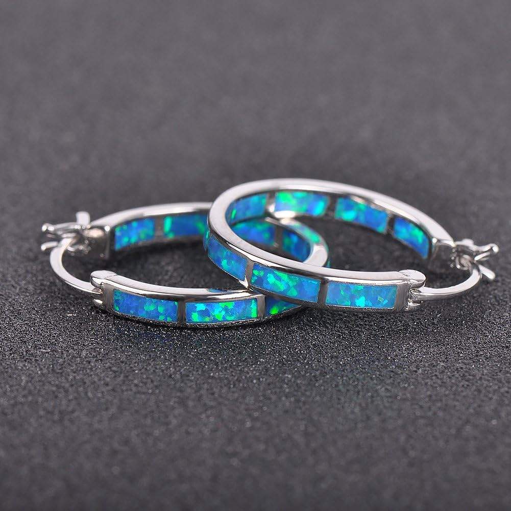 925 Sterling Silver Hoop Earring, Opal Small Small, Blue and Sliver