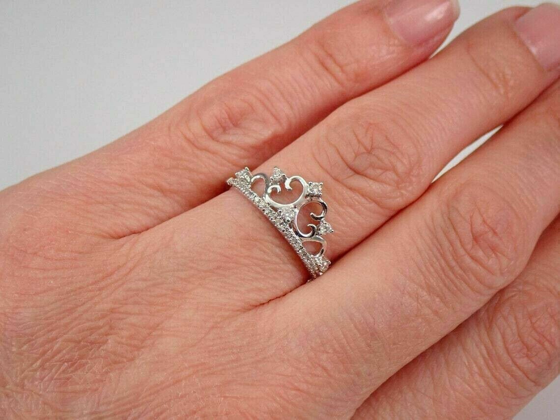 Round Cut Simulated Diamond Gorgeous Crown Engagement Ring 14K White Gold Plated