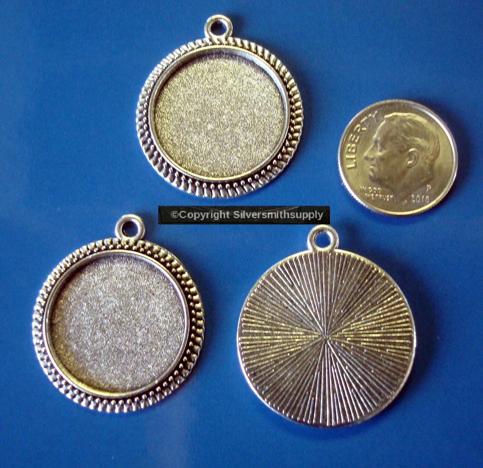 3 Bezel cup tray settings Silver plt holds 20mm cabochon bailed pendants FPP003