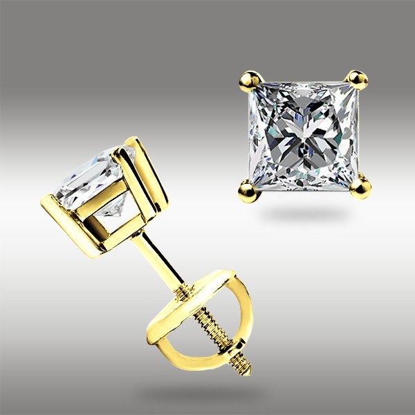 1.0 Ct Princess cut MOISSANITE Studs Earrings Solid 14k Yellow Gold Screwbk Gift
