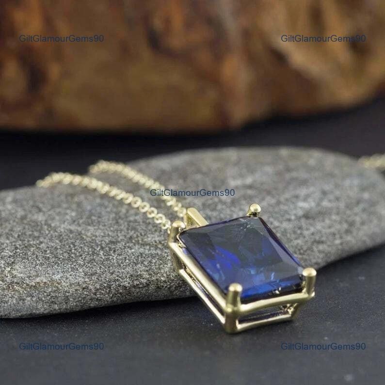 3.24 Ct Natural Blue Sapphire Radiant Cut Pendant 14k Solid Yellow Gold Elegant