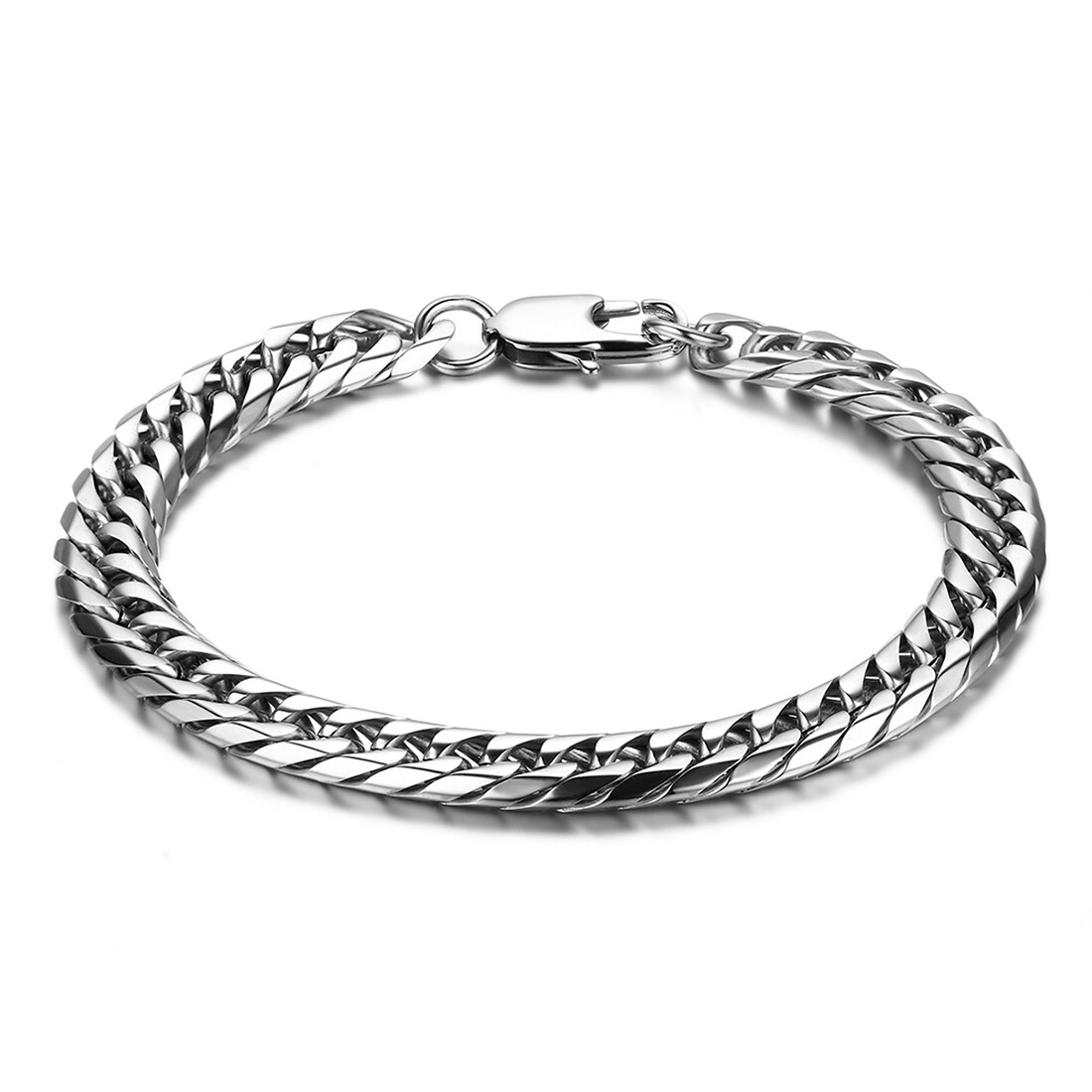 Polished Silver Stainless Steel Flat Curb Link Chain Men’s Bracelet 8.5 Inch