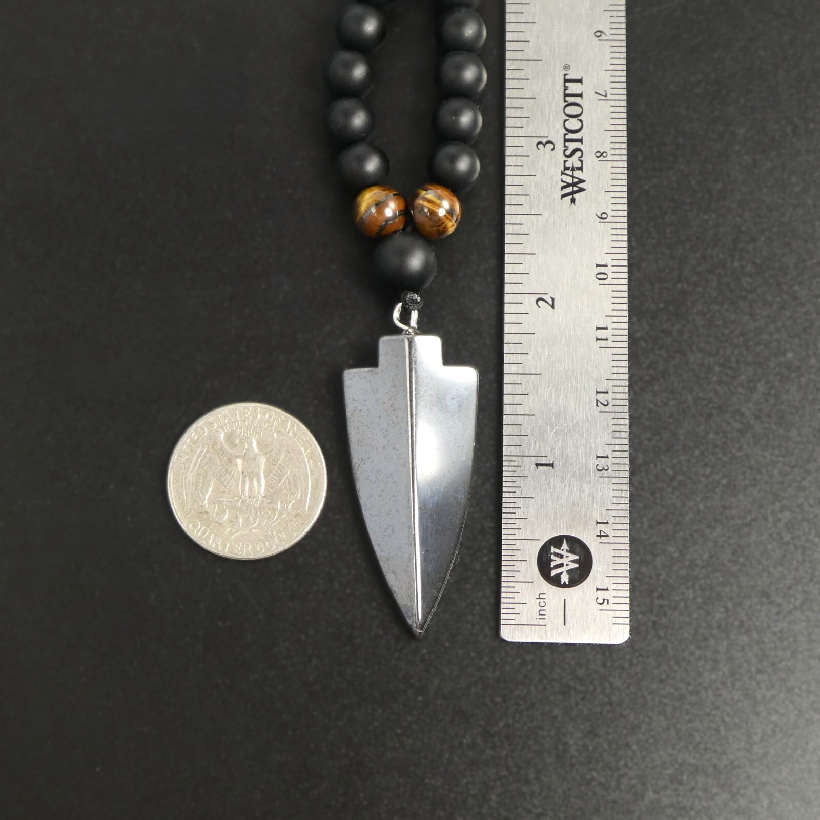 Tiger Eye Matte Black Onyx Hematite Arrowhead Pendant 29″ Long Necklace Man Gift