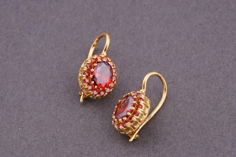 Oval Cut Lab Created Red Ruby Women’s Drop Dangle Earring 14k Yellow Gold Plated
