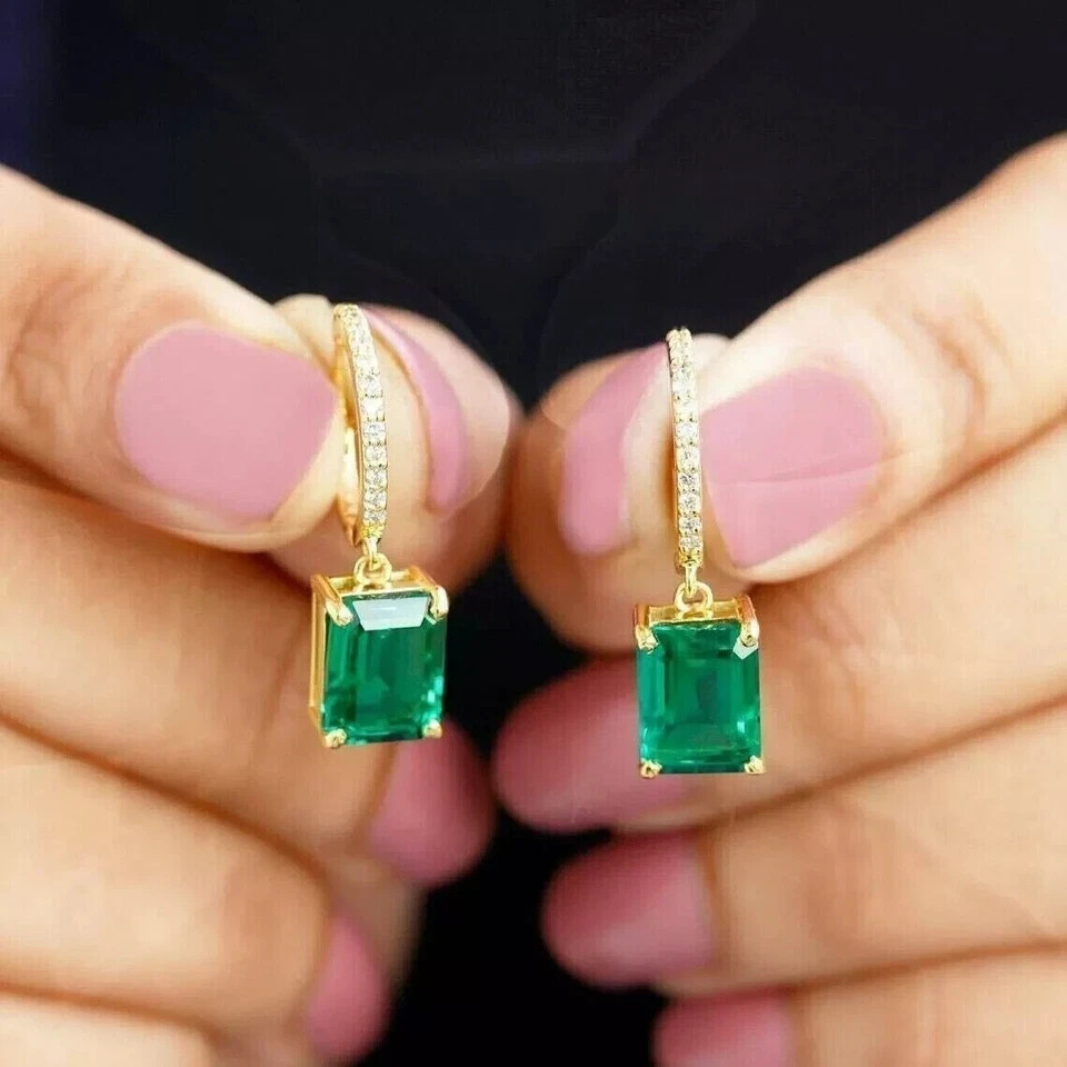 3Ct Emerald Cut Simulated Emerald Drop Dangle Earrings In 14K Yellow Gold Plated