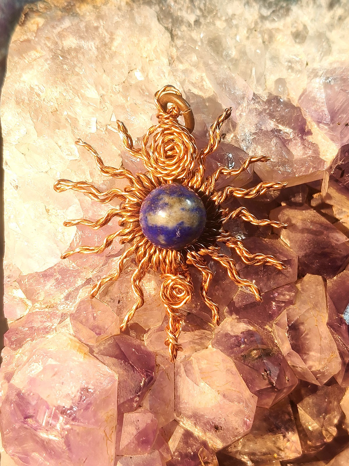 Sun pendant copper lapis lazuli Wire Wrapped energy health luck Jewelry #PS0005