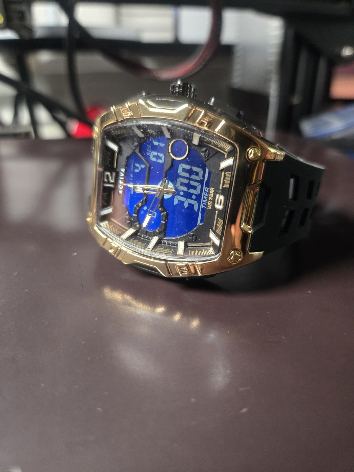 Activa Men’s Quartz Analog-Digital Blue Dial Gold SS Case Black Strap 30m