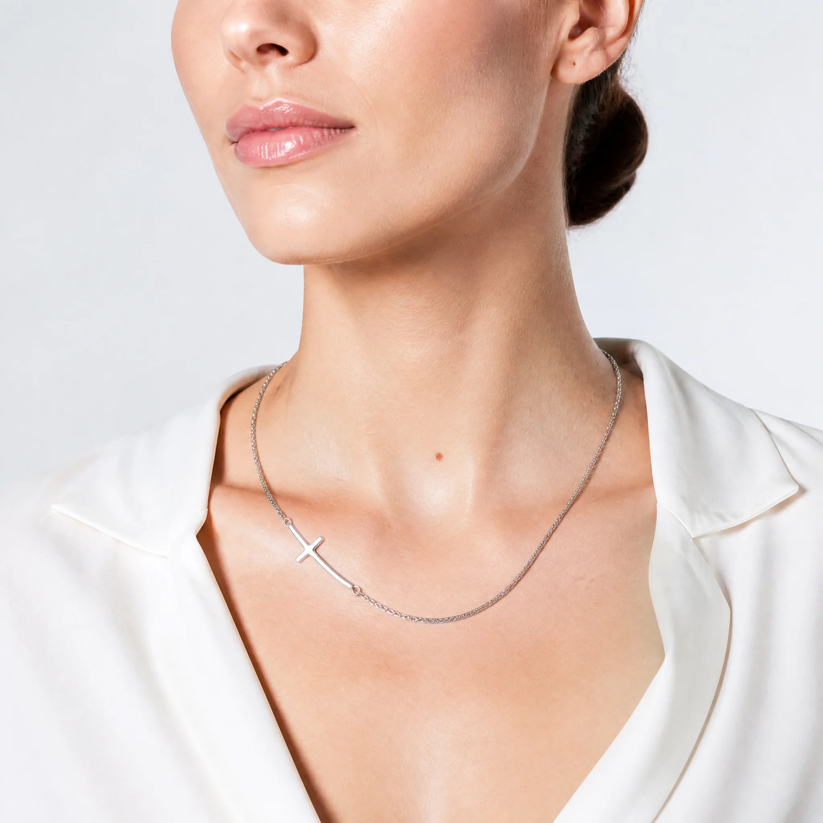 Sterling Silver Rh-Plated Small Off-Set Sideways Curved Cross Necklace