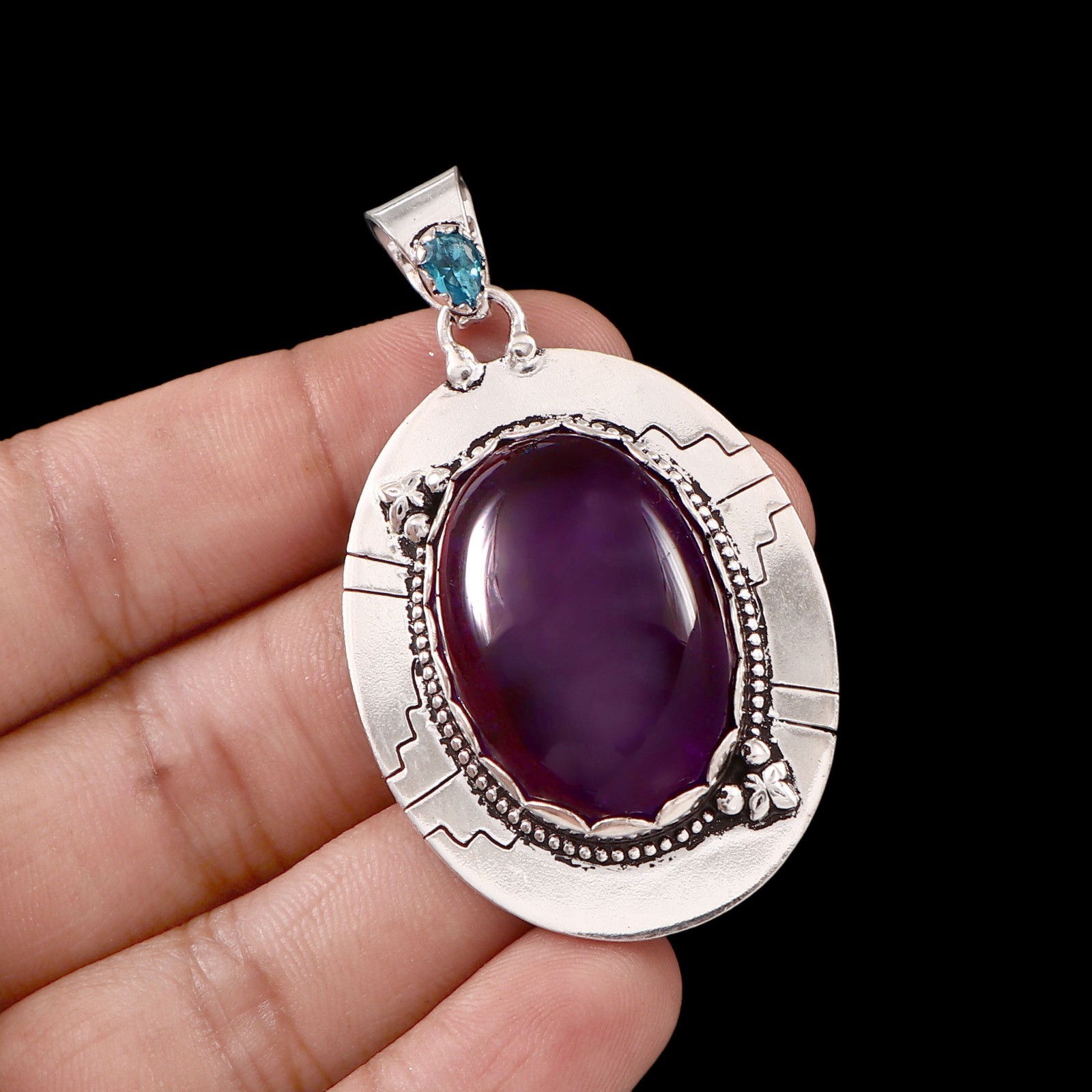 Amethyst & Blue Topaz Pendant 925 Sterling Silver Handmade Necklace
