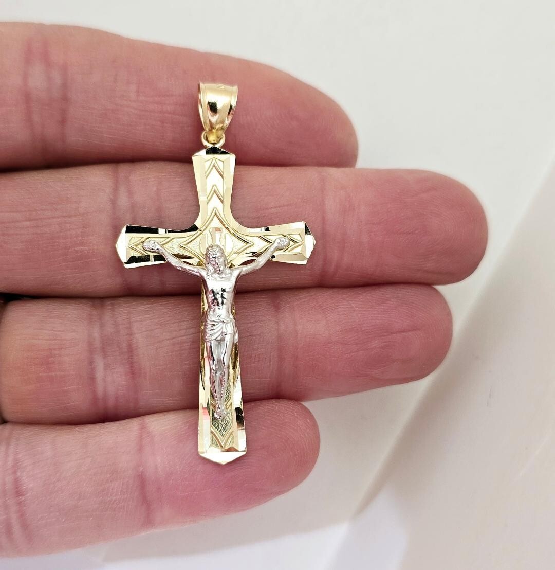 14k Real 2 Tone Solid Gold Jesus Crucifix Religious Traditional Cross Pendant