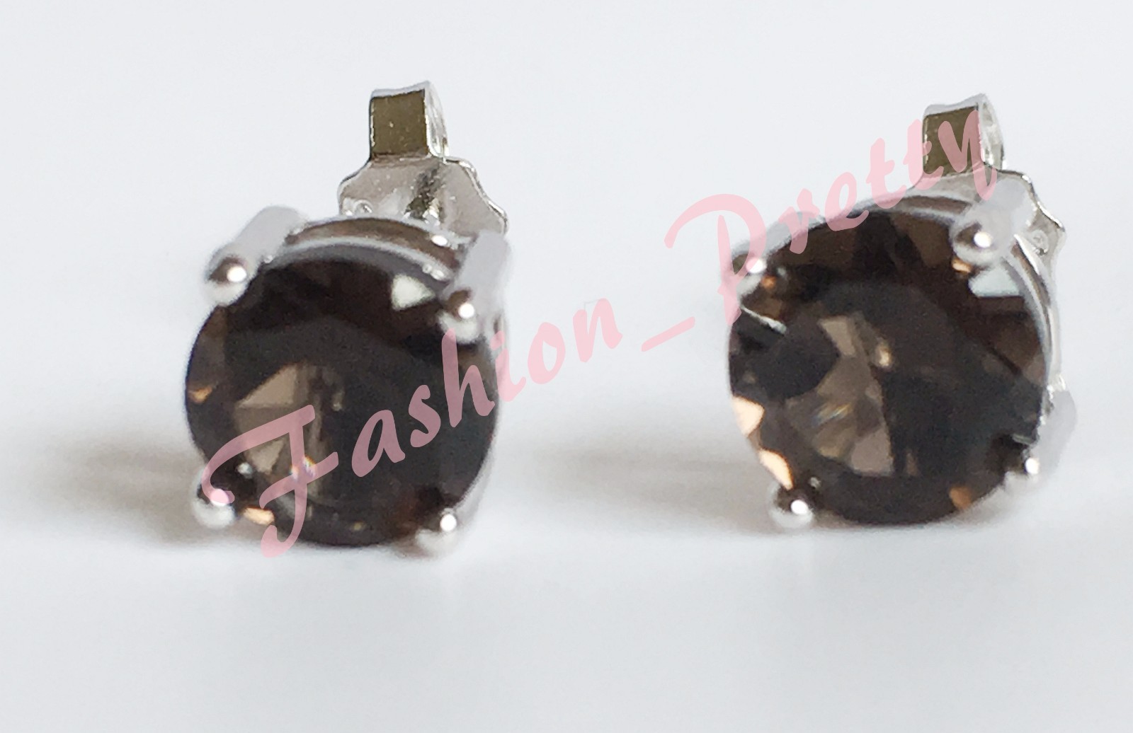 Pretty 2ct-Smoky Quartz -Round-Gemstone-Stud Earrings-In-925-Sterling-Sliver-FS