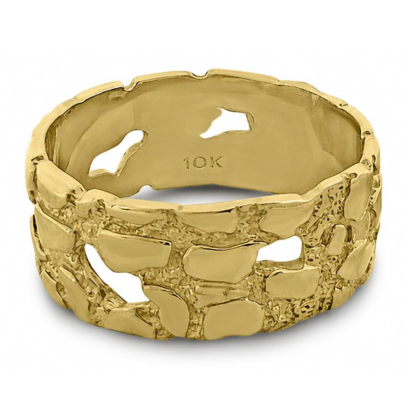 Solid 10K Yellow Gold Mens Nugget Band, 9mm Gold Nugget Ring, Size 5 – 15
