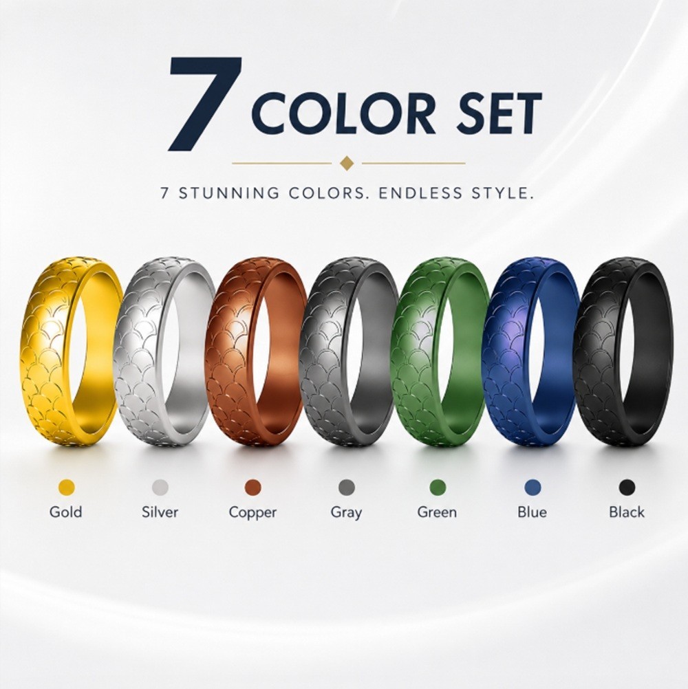 7 Pack Silicone Wedding Rings, Unisex Rubber Bands for Active Lifestyles & Sport
