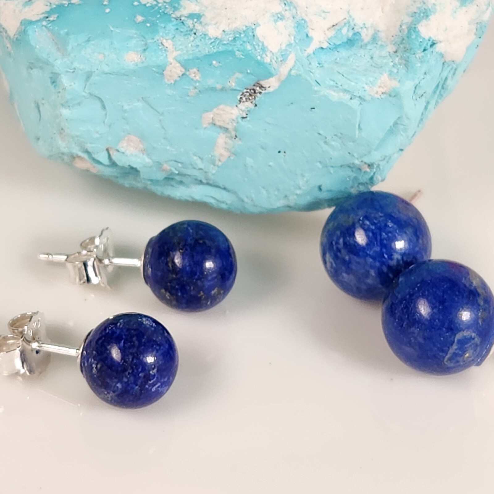 Real Solid 925 Sliver Natural Blue Lapis Lazuli 8mm Round Ball Stud Earrings