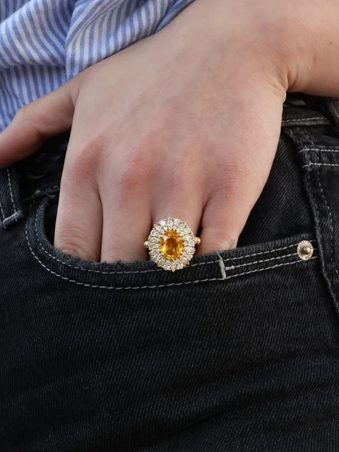 6.80 Ct Lab Created Citrine & Diamonds Engagement Ring 14k Yellow Gold Plated