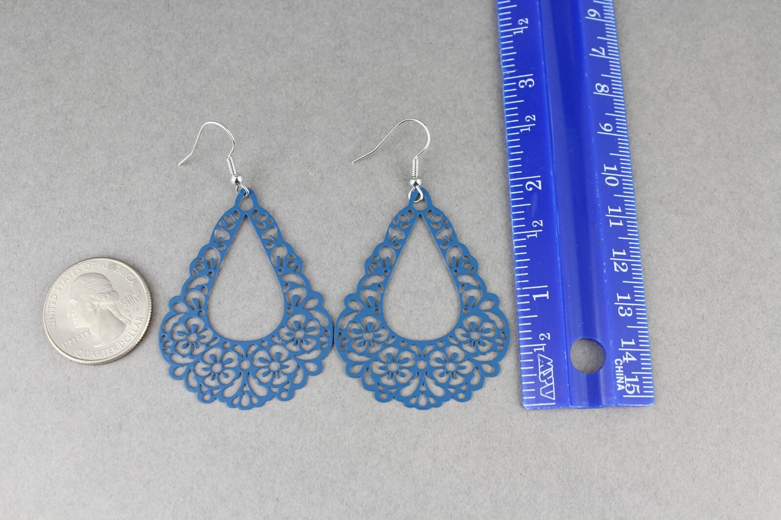 Blue Teal earrings teardrop dangle VERY lightweight filigree 2.5″ long floral