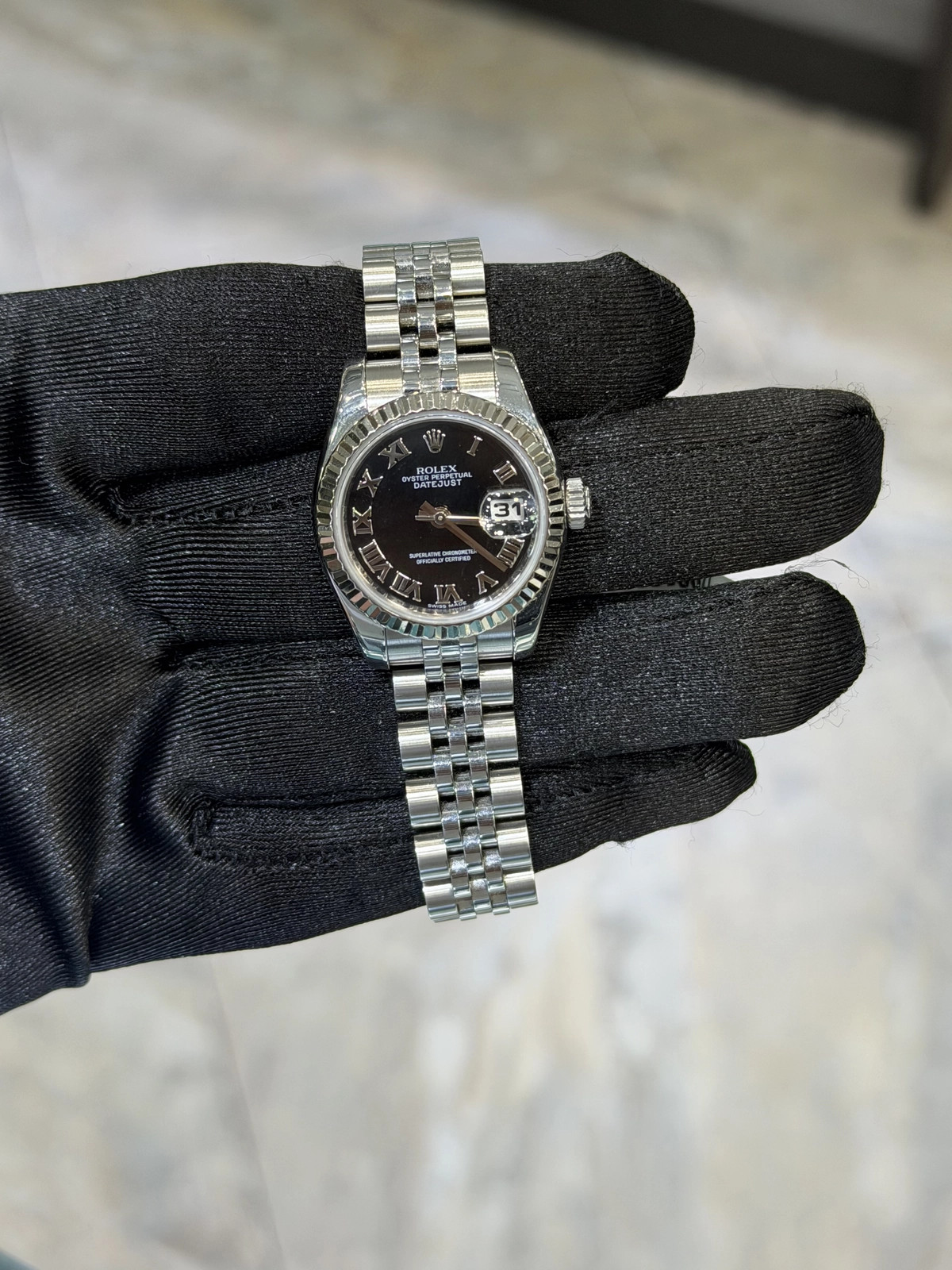 Rolex Datejust Lady Black Roman Dial on Jubilee 179174 Complete 2011