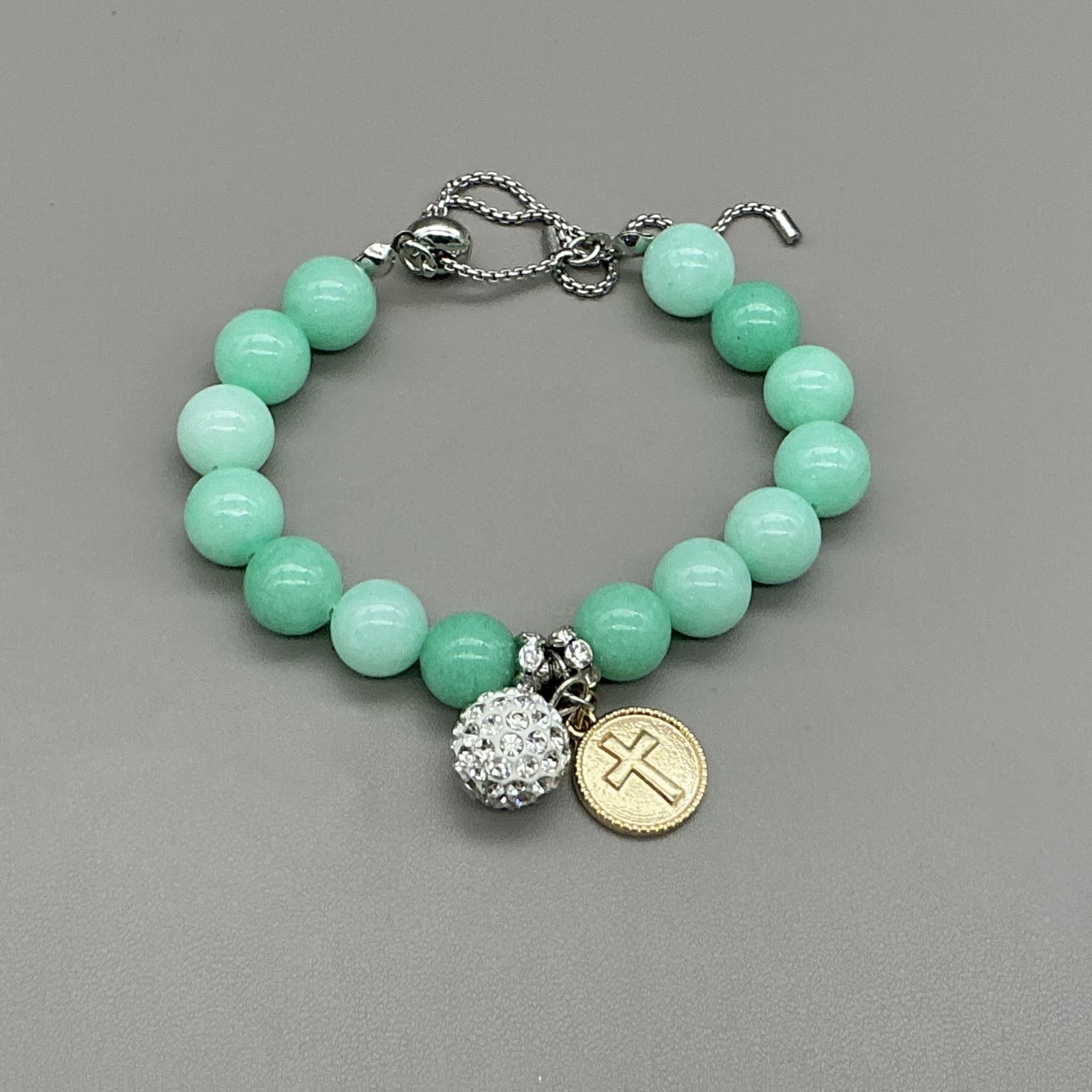 Bracelet Green Beaded Rhinestone Cross Charm Bolo Womens 6.5 In Faith Jewelry