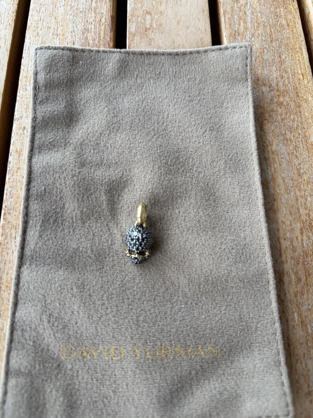 David Yurman Skull Charm Pendant Pavé Metal 18k Gold w/ Black Stone