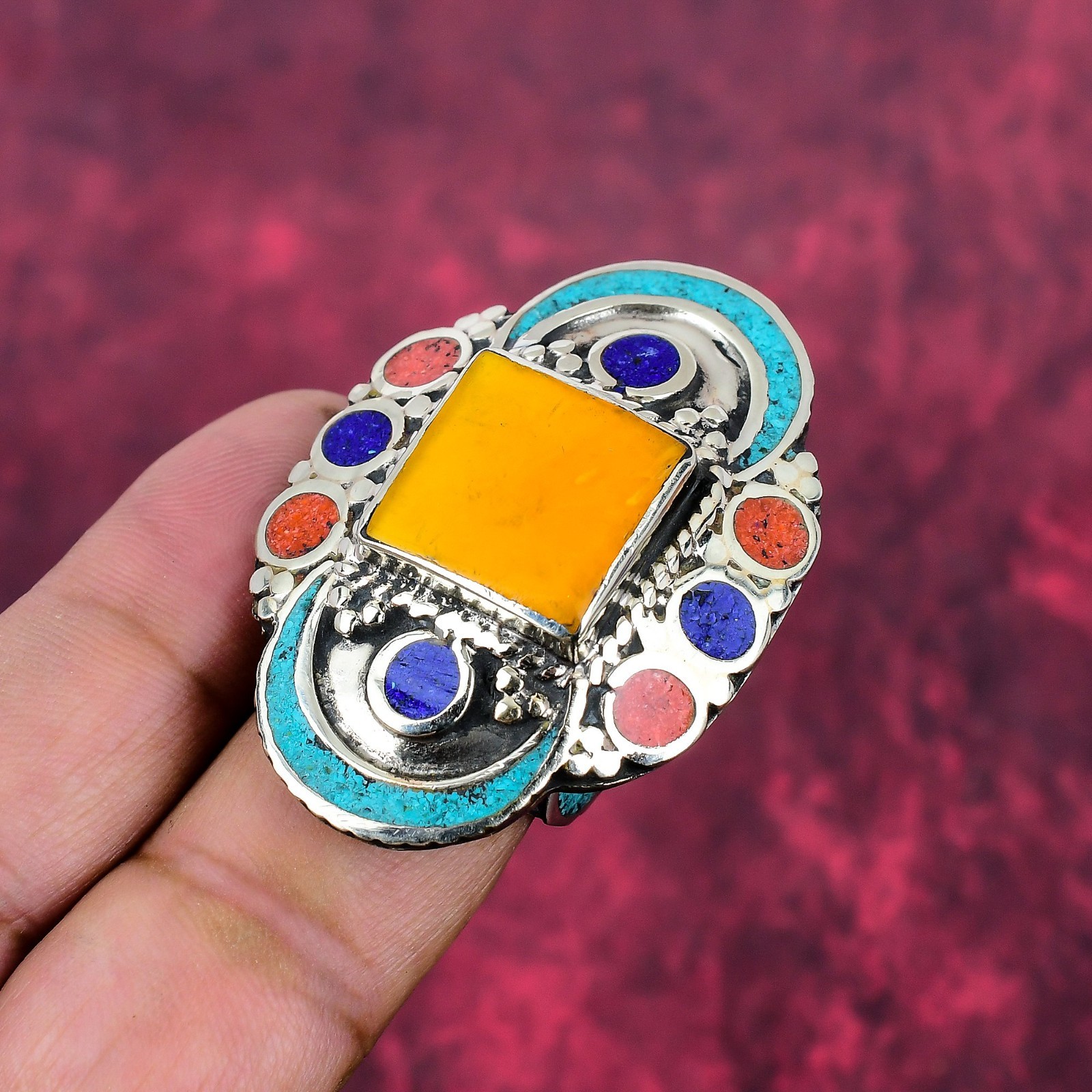 Turquoise & Coral Gemstone Handmade 925 Sterling Silver Nepali Ring Jewelry