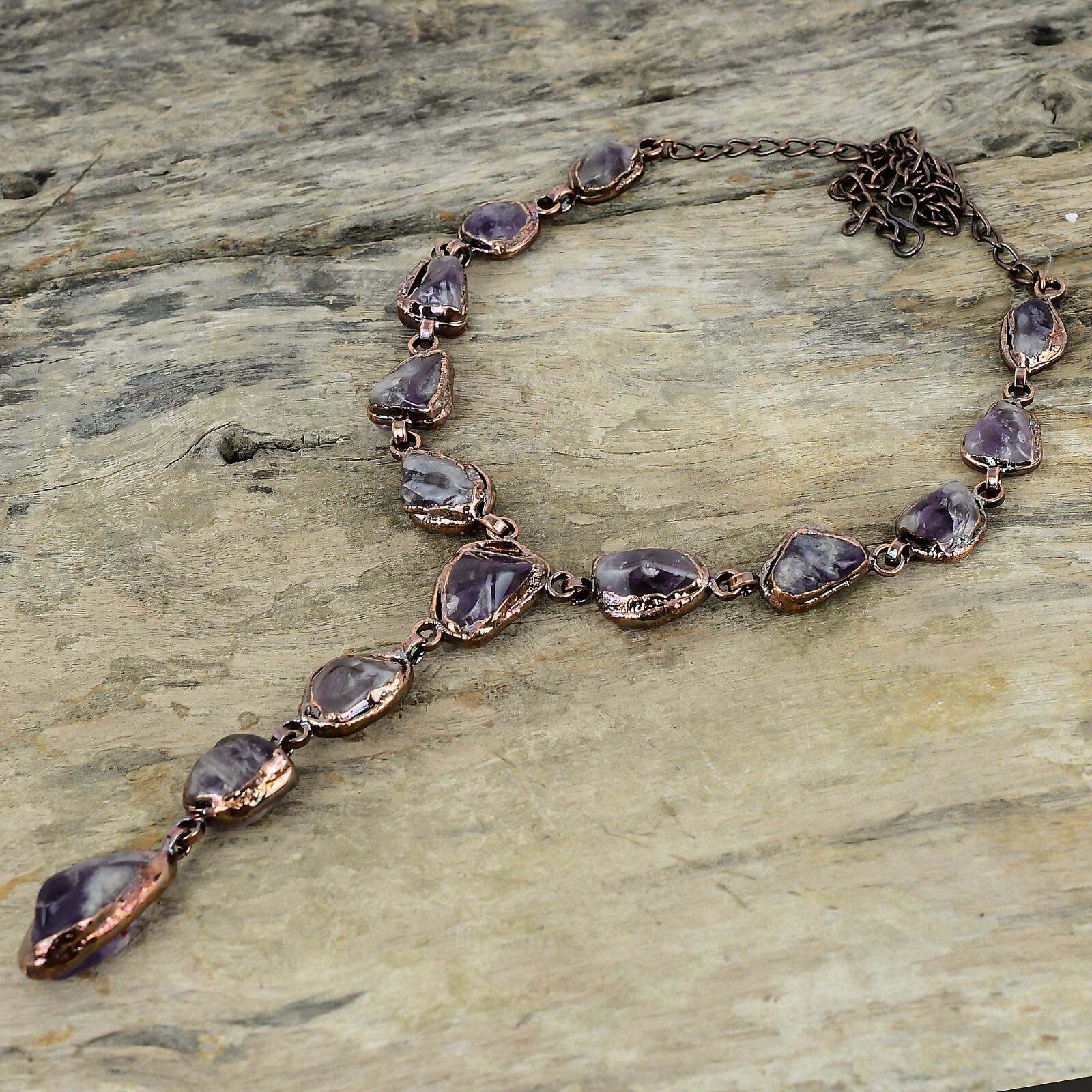 Super 23 Amethyst Rough Copper Electroformed Chain Adjustable Necklace 18.0″
