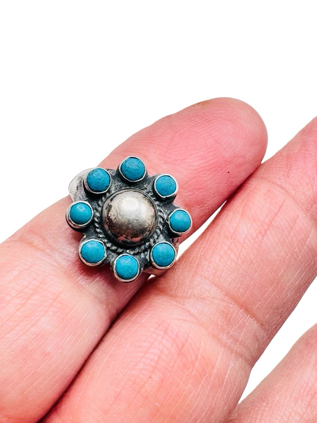 Vintage Native American Turquoise Sterling Silver Flower Ring Size 5.5